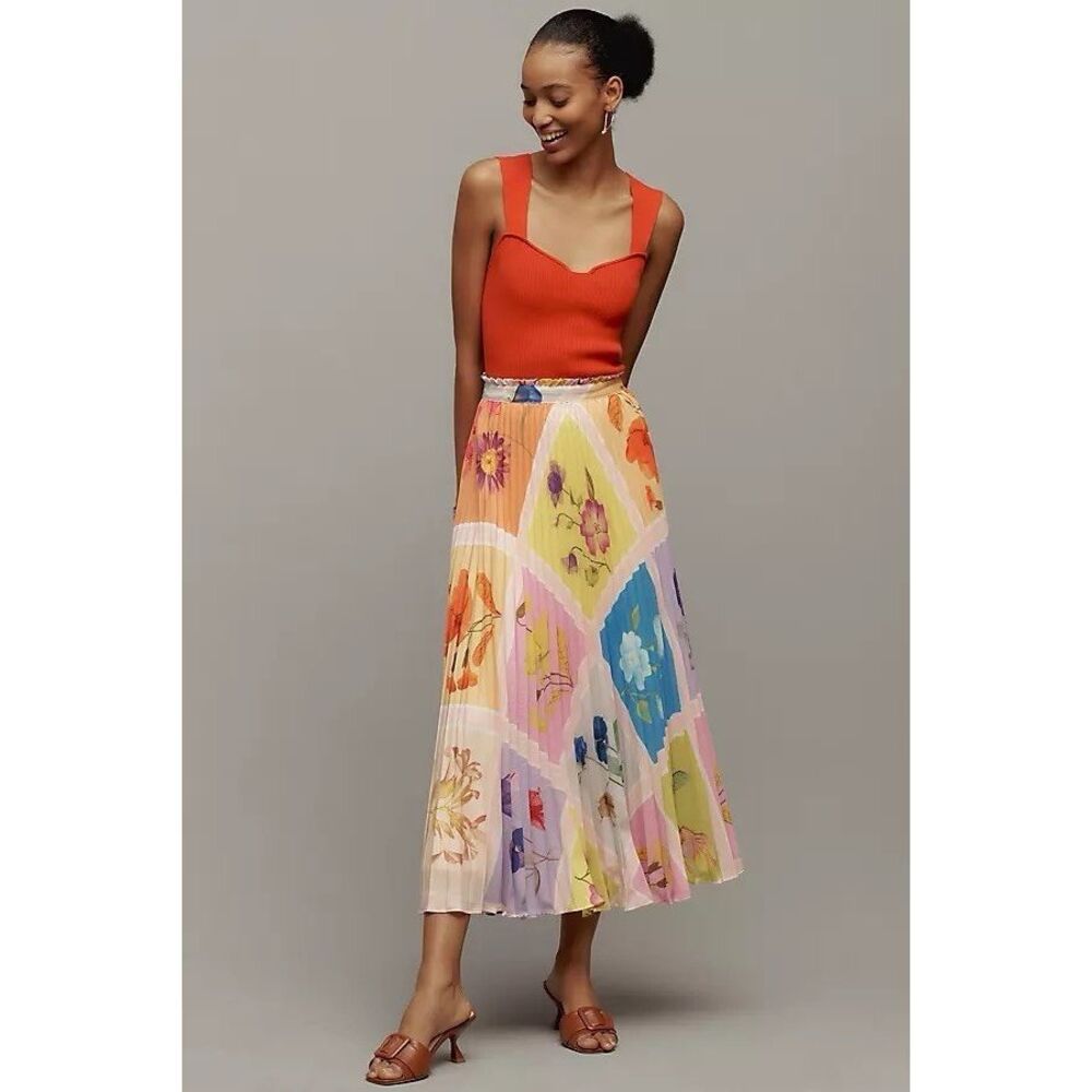 New  Anthropologi The Isobel Silky Pleated Skirt by Maeve Size L